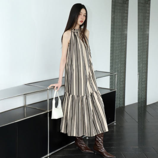 Yejin Vetical Stripe Halter Maxi Dress