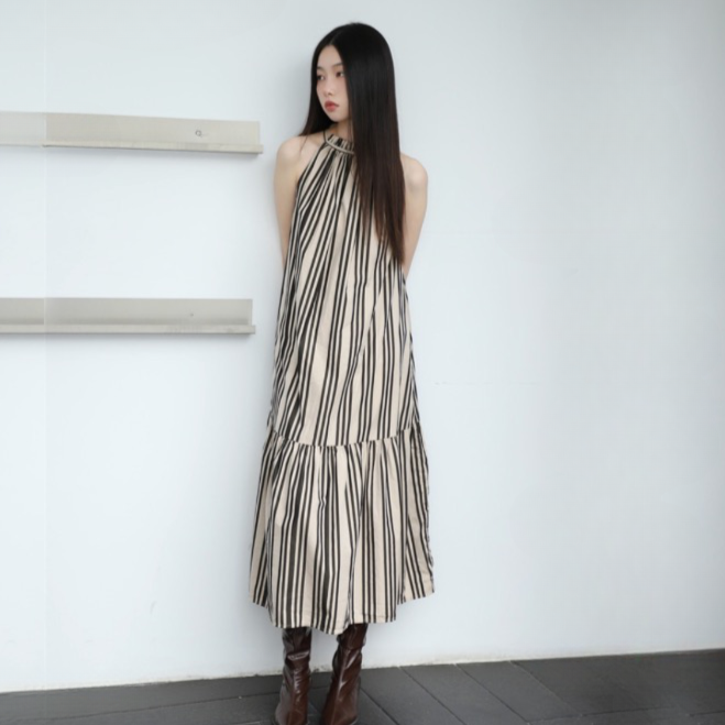 Yejin Vetical Stripe Halter Maxi Dress