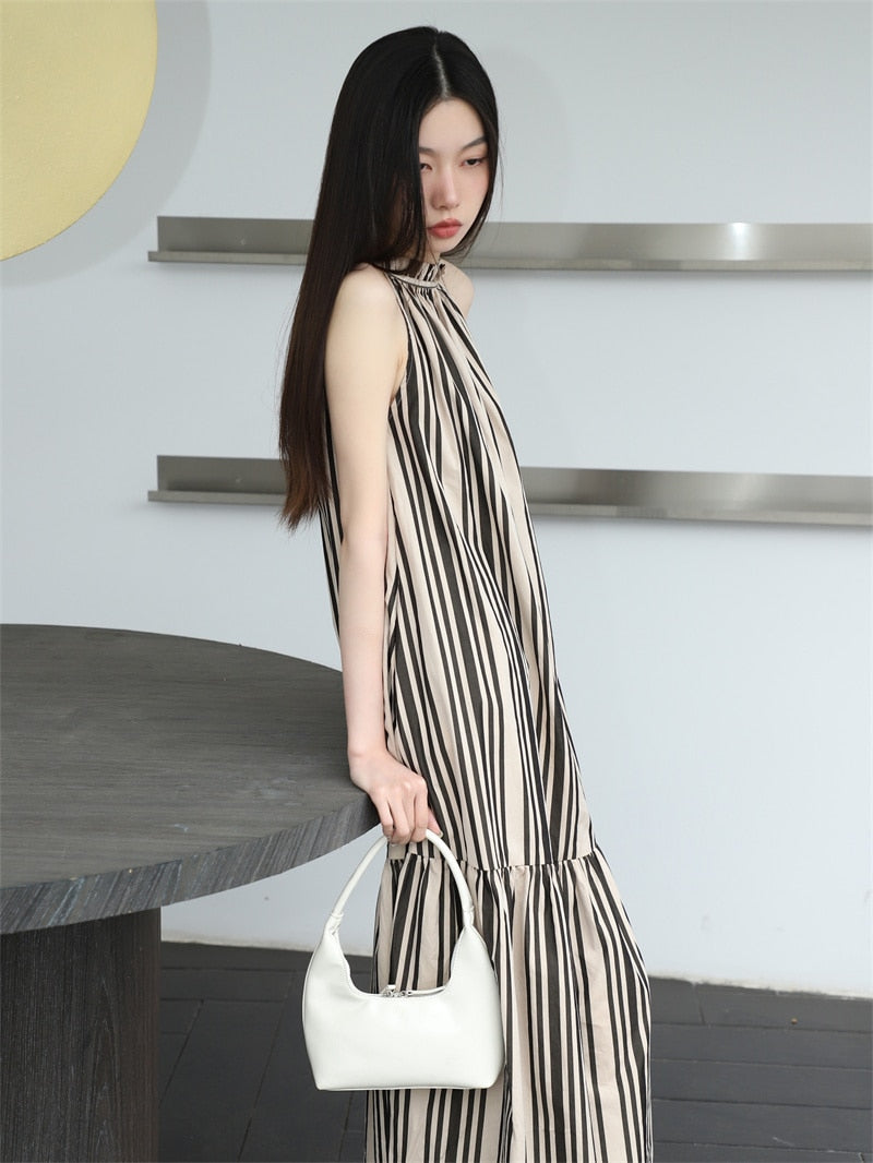 Yejin Vetical Stripe Halter Maxi Dress