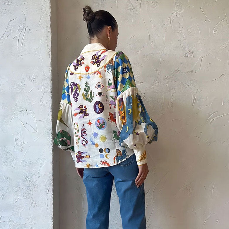 Yves Colorful Artwork Victorian Blouse