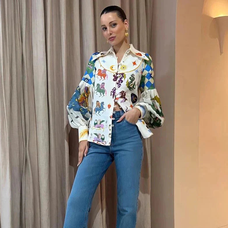 Yves Colorful Artwork Victorian Blouse