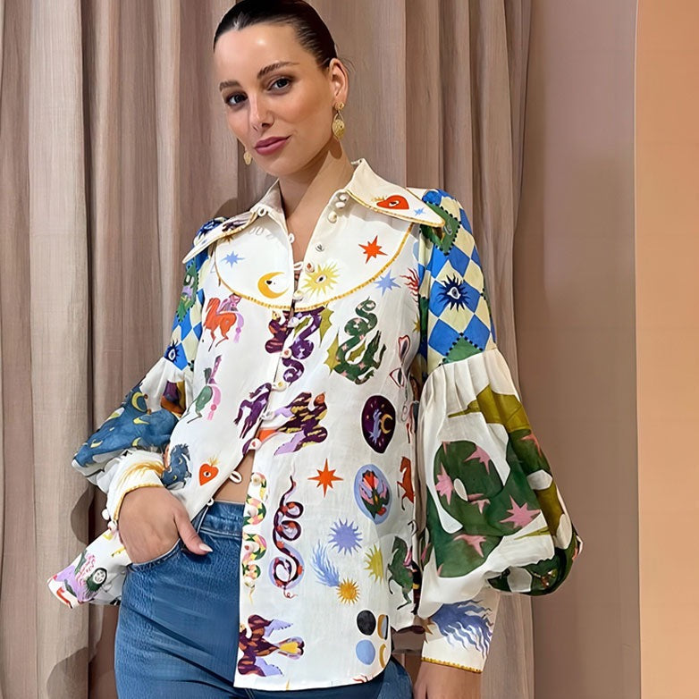 Yves Colorful Artwork Victorian Blouse