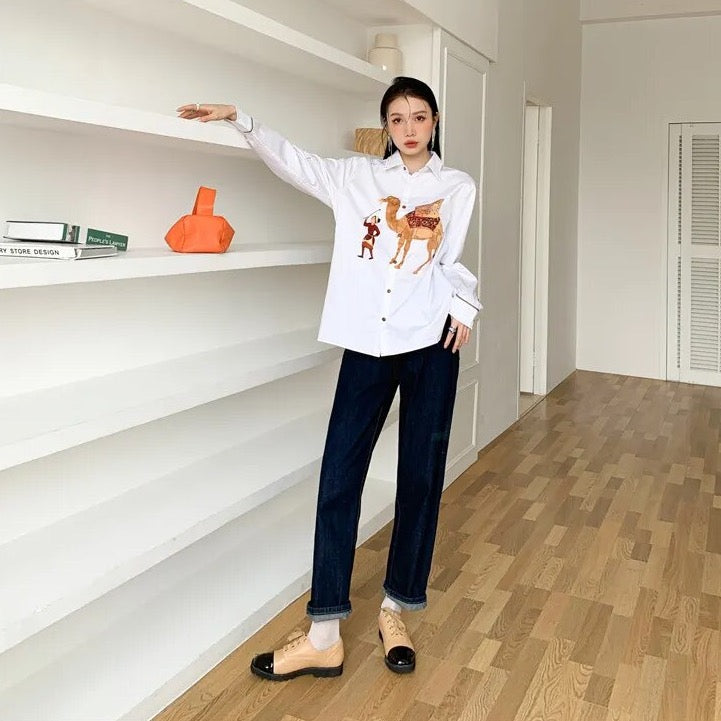 Zahra Chic Camel Prints White Shirt