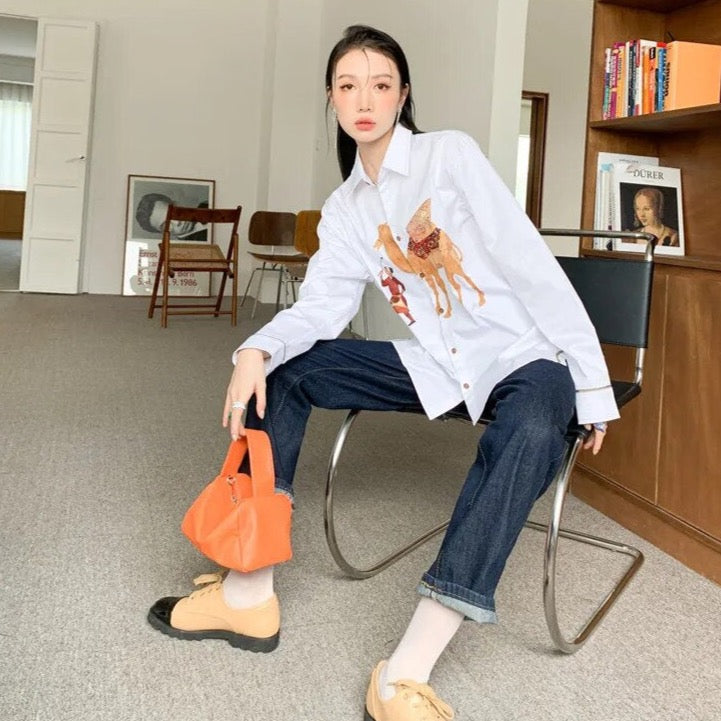 Zahra Chic Camel Prints White Shirt