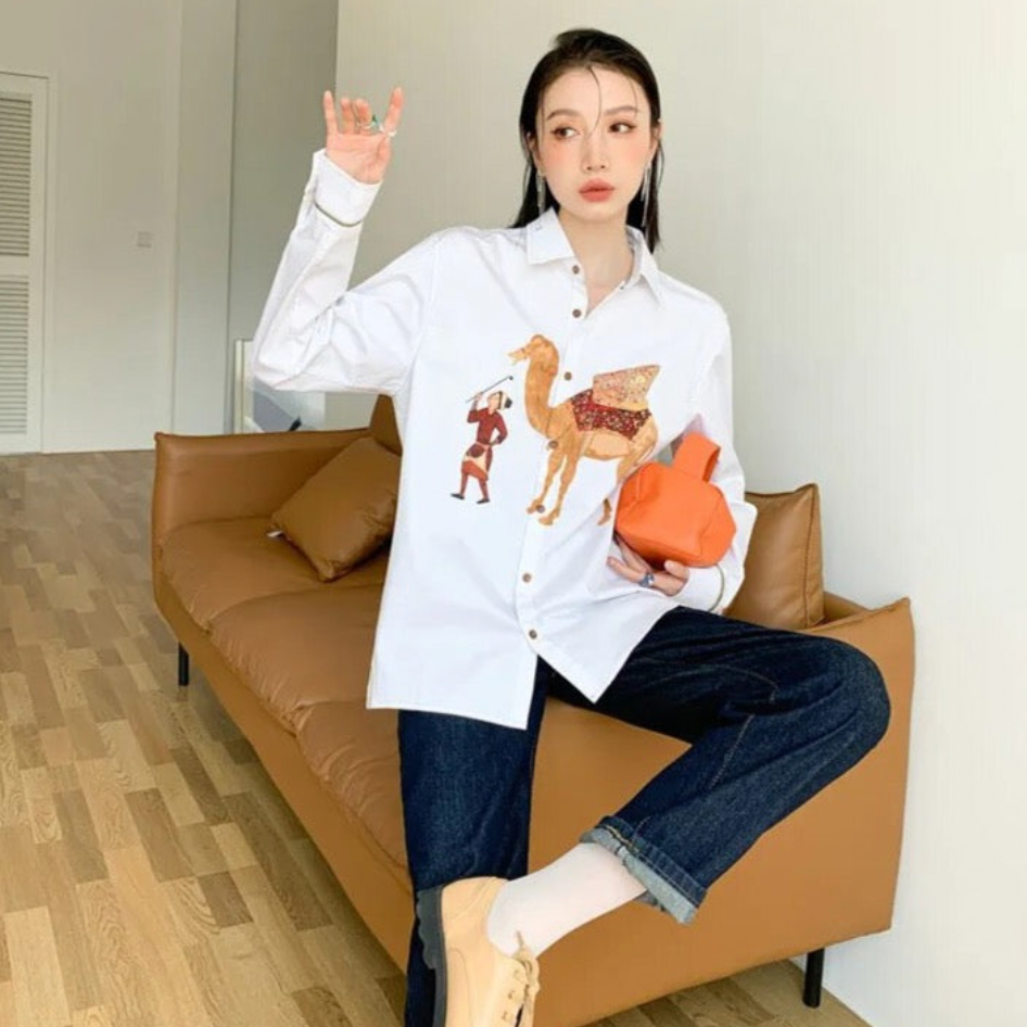 Zahra Chic Camel Prints White Shirt