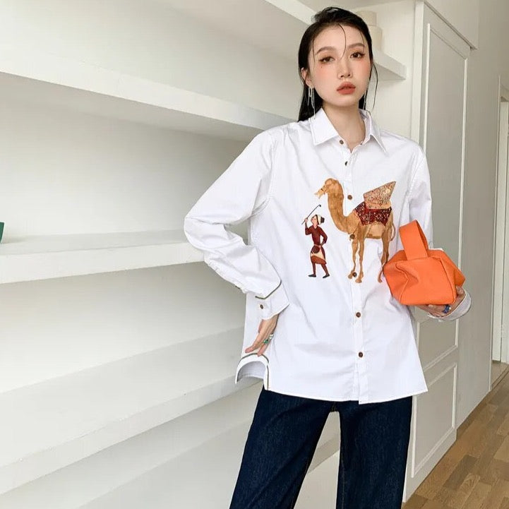 Zahra Chic Camel Prints White Shirt