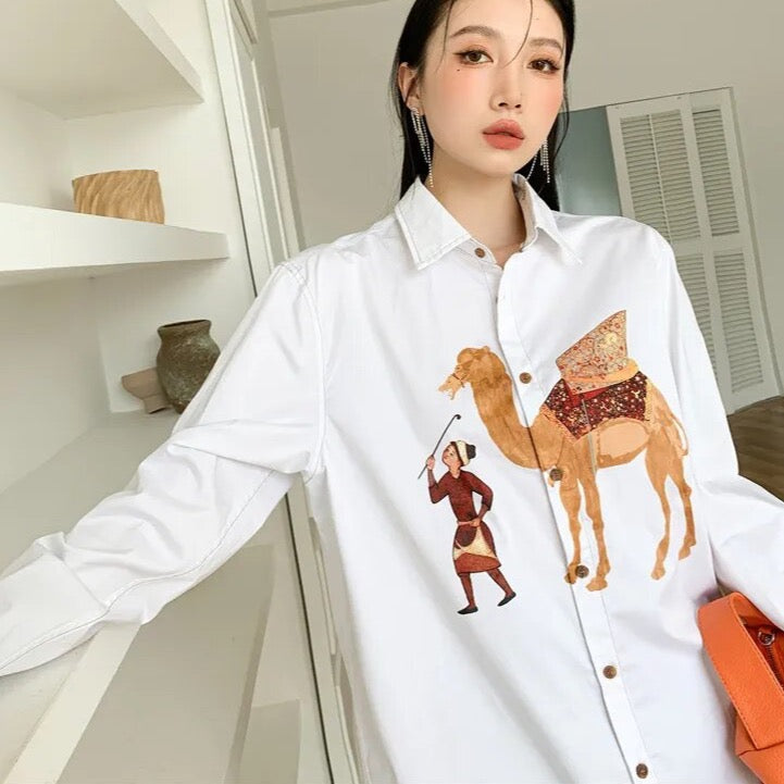 Zahra Chic Camel Prints White Shirt