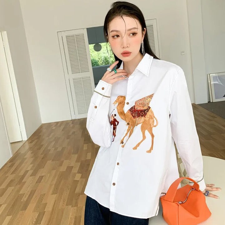Zahra Chic Camel Prints White Shirt