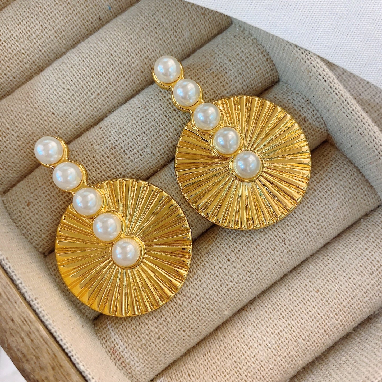 Zuria Vintage Gold Disk and Pearl Earrings