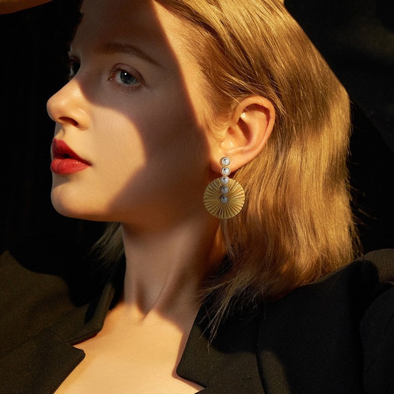 Zuria Vintage Gold Disk and Pearl Earrings