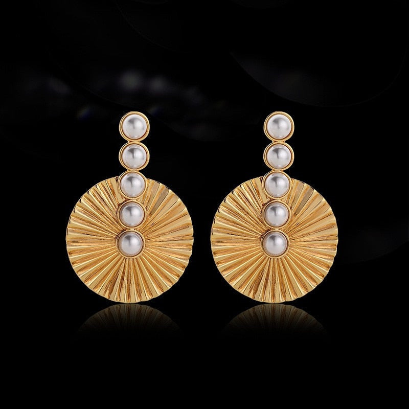 Zuria Vintage Gold Disk and Pearl Earrings