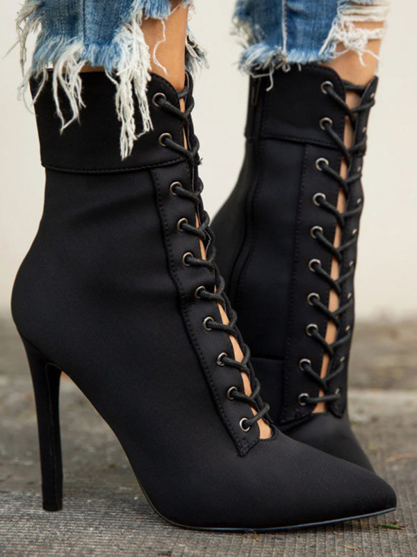 Hollow Pointed-Toe Solid Color Tied Zipper Stilettos Boots