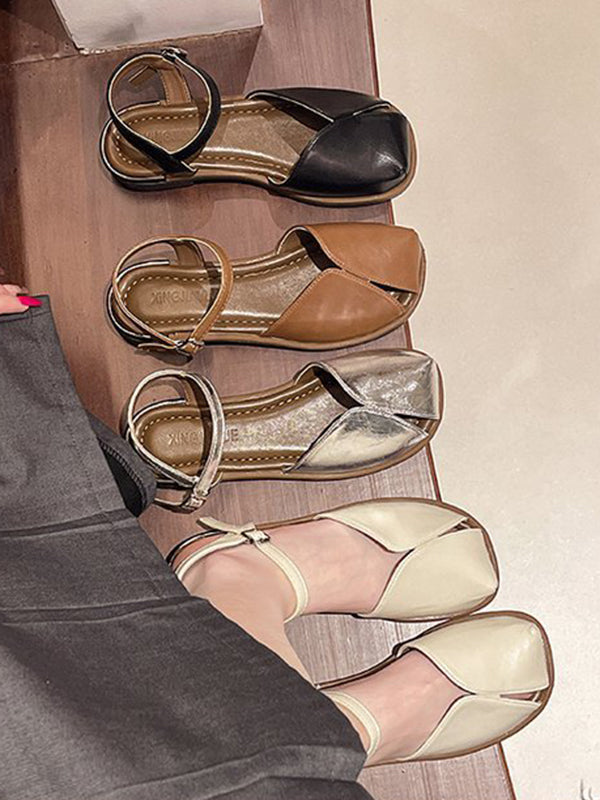 Belt Buckle Hollow Split-Joint Square-Toe Sandals Flat Shoes