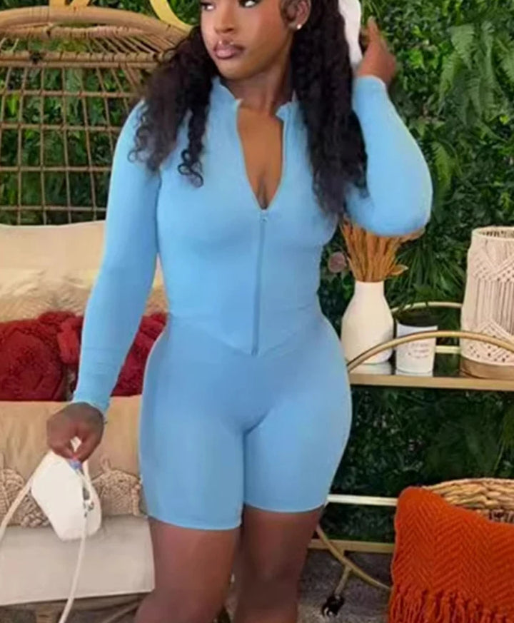 Zipper Turtleneck Long Sleeve Jacket Black Two Piece Shorts Set