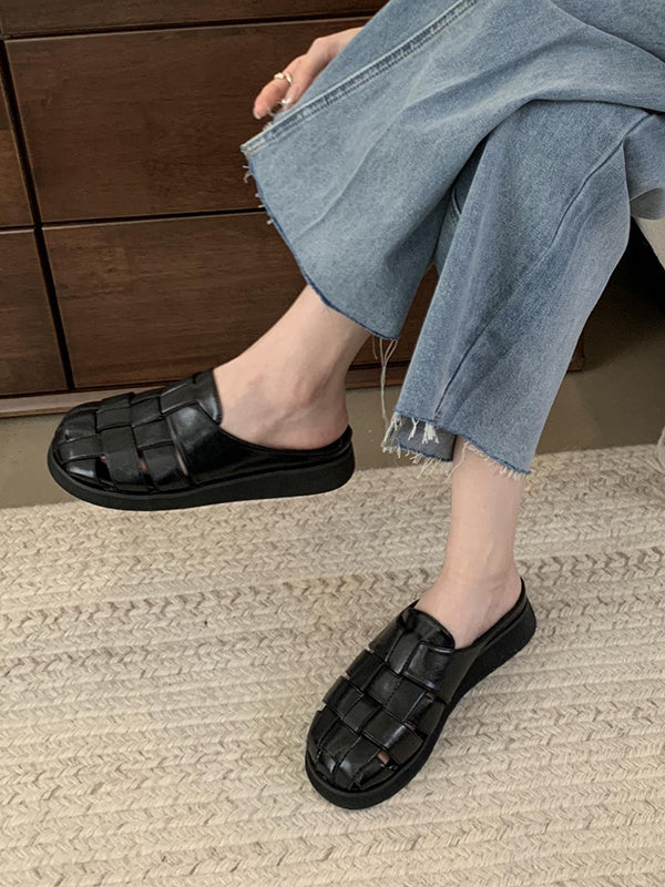 Hollow Round-Toe Split-Joint Woven Slippers&Mules Sandals