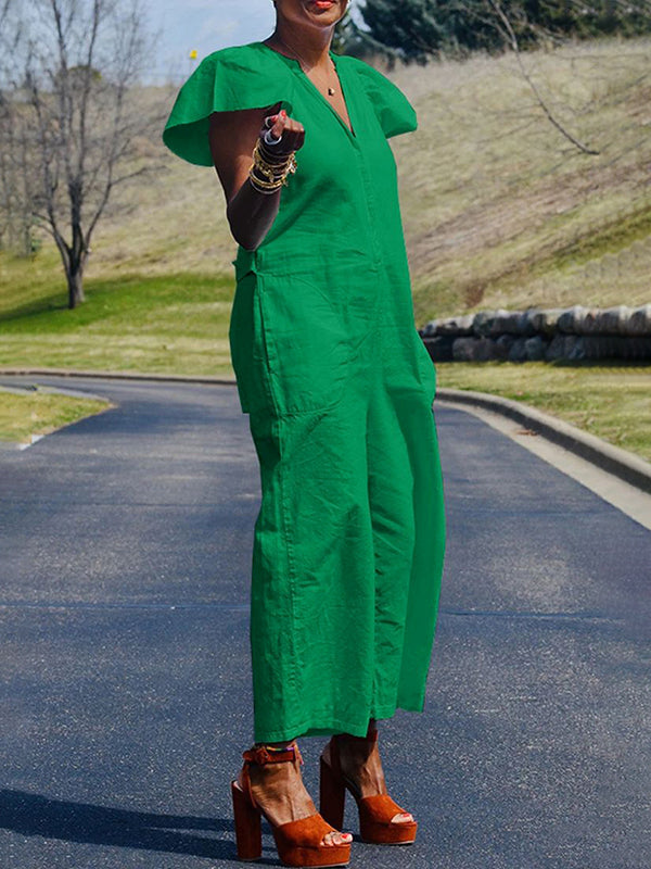 Loose Ruffle Sleeves Fringed Pleated Pockets Solid Color V-Neck Jumpsuits