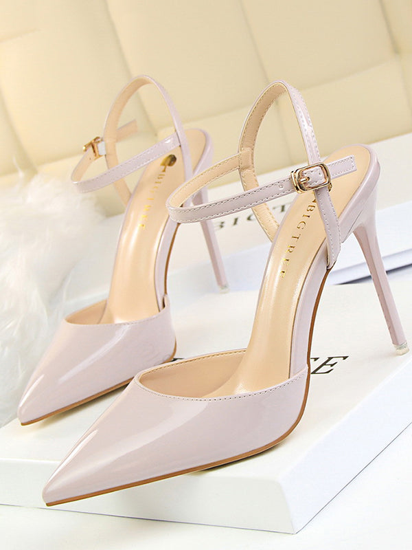Belt Buckle Pointed-Toe Shiny Split-Joint Sandals Pumps