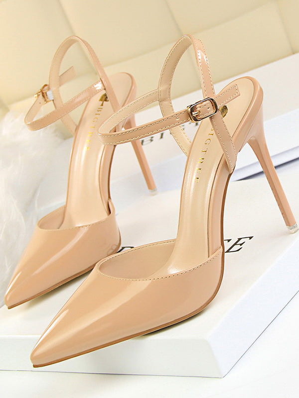 Belt Buckle Pointed-Toe Shiny Split-Joint Sandals Pumps