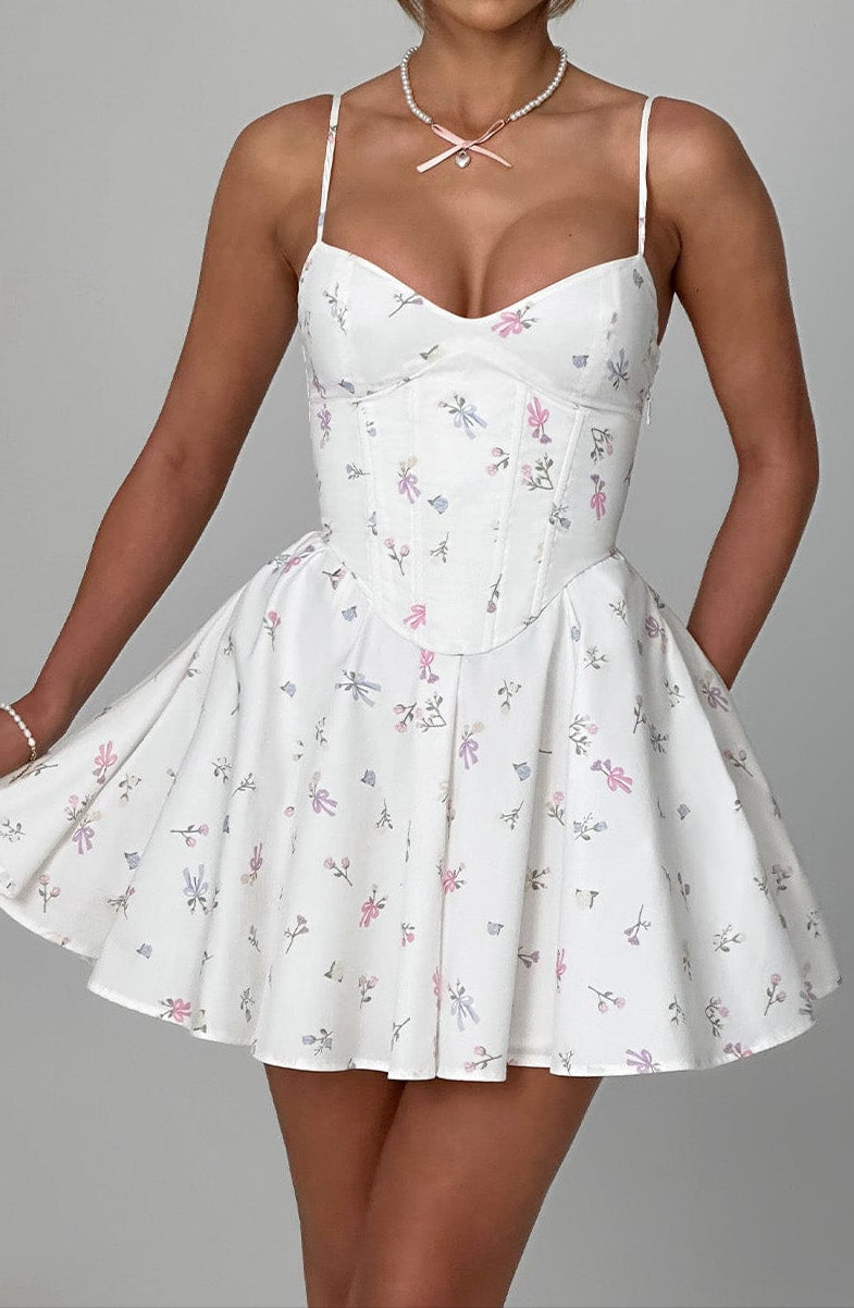 Amy Mini Dress-White Multi Floral Print