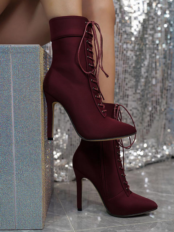 Hollow Pointed-Toe Solid Color Tied Zipper Stilettos Boots