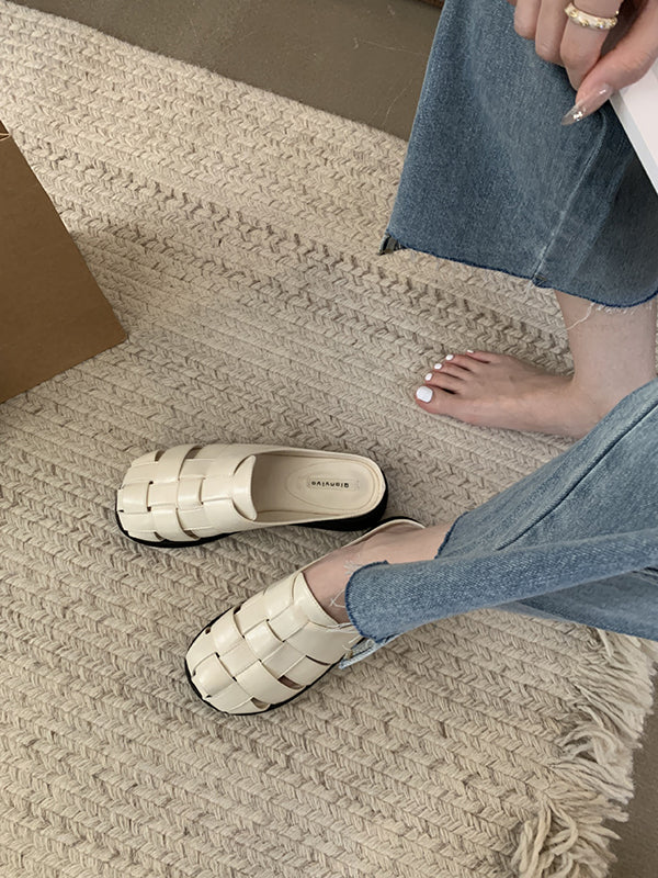Hollow Round-Toe Split-Joint Woven Sandals Slippers&Mules