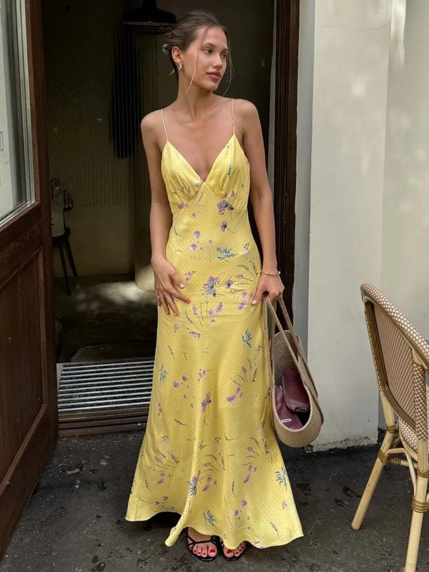 Yellow Print Open Back Spaghetti Summer Dress