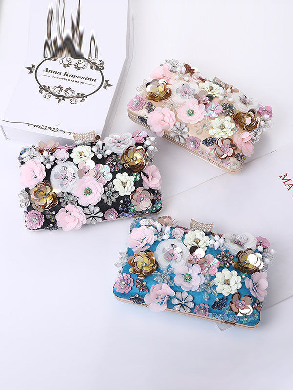 Chains Rhine Stones Three-Dimensional Flower Handbags