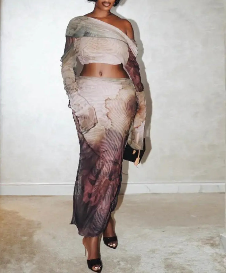 Aesthetic Print Drawstring Maxi Two Piece Skirt Set