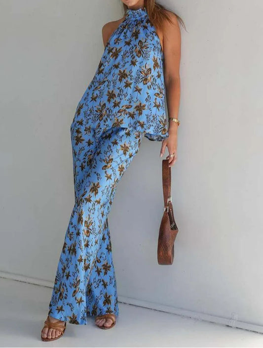 Blue Print Open Back Two Piece Pants Set