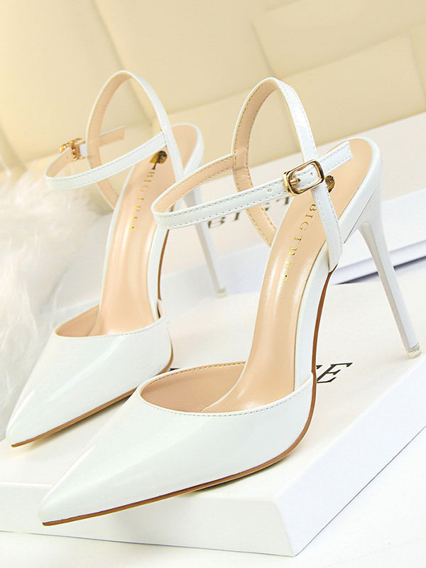 Belt Buckle Pointed-Toe Shiny Split-Joint Sandals Pumps