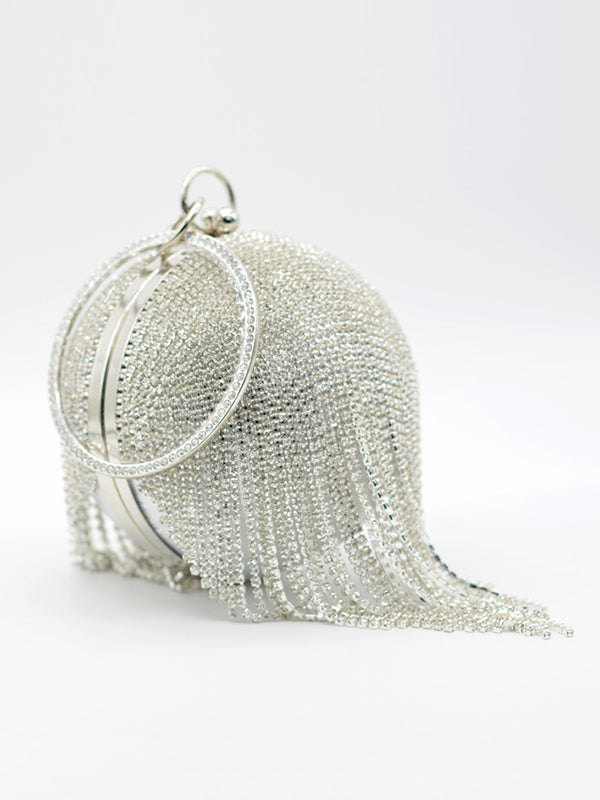 Geometric Rhine Stones Solid Color Tasseled Handbags
