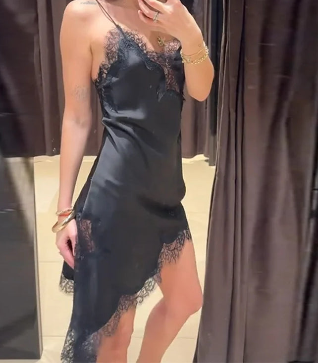 Satin Floral Lace Backless Mini Dress