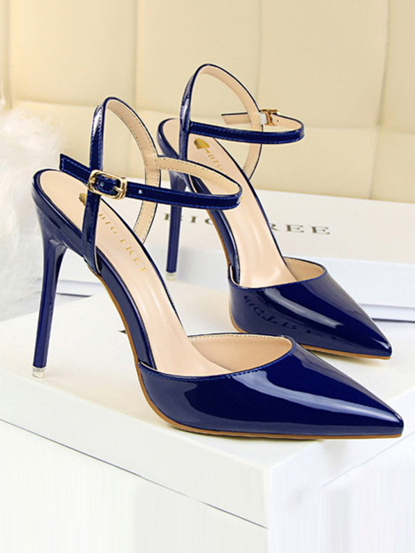 Belt Buckle Pointed-Toe Shiny Split-Joint Sandals Pumps