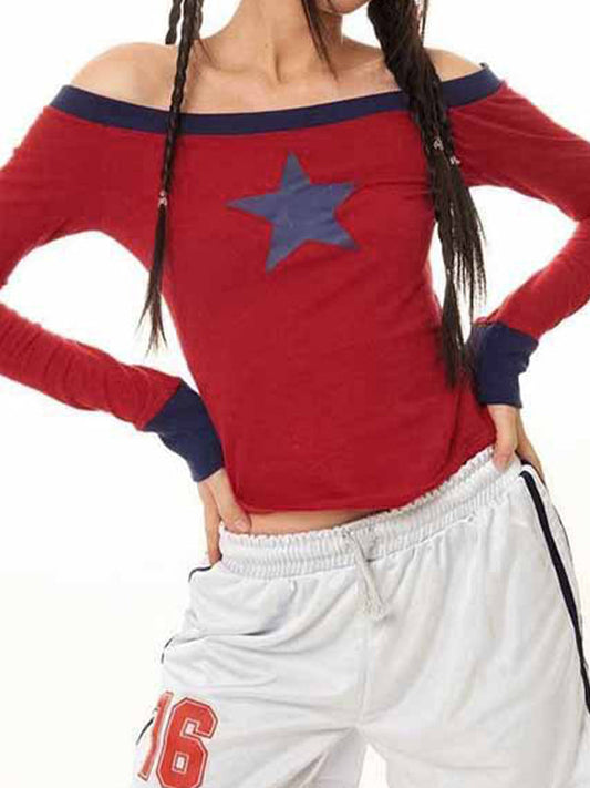 Red Y2k One Shoulder Star Long Sleeve Tee