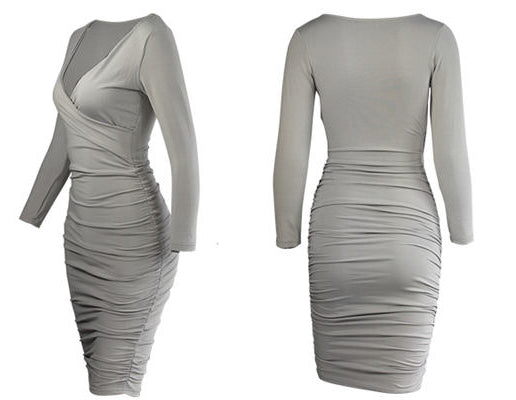 Ruched Solid White Black Red Long Sleeve Office Formal Dresses