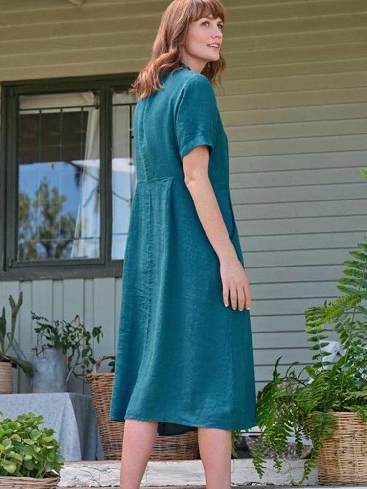 V Neck Linen Button-Down Midi Dress with Pocket In Moonlight Teal