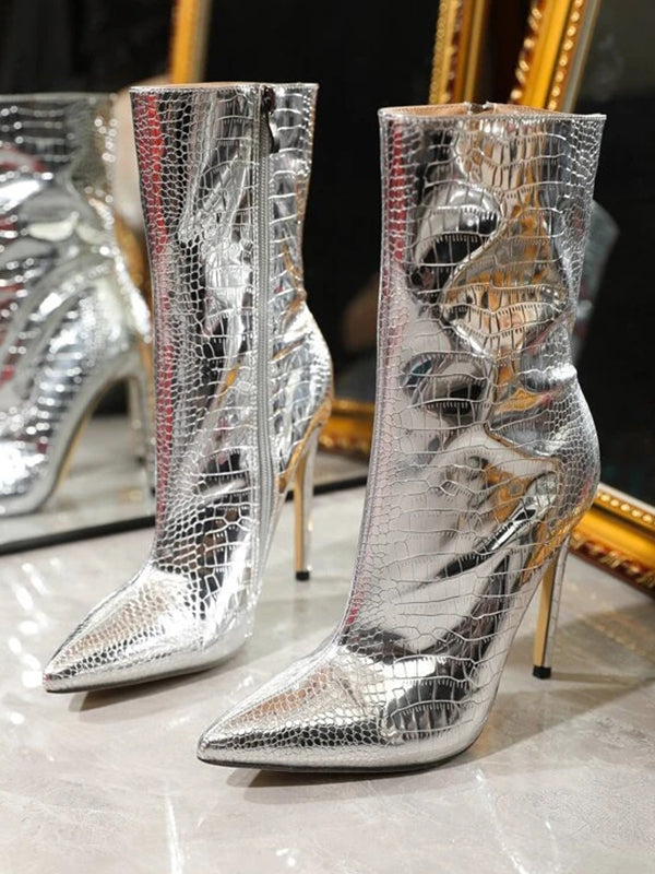 Crocodile Pattern Pointed-Toe Solid Color Zipper Stilettos Boots