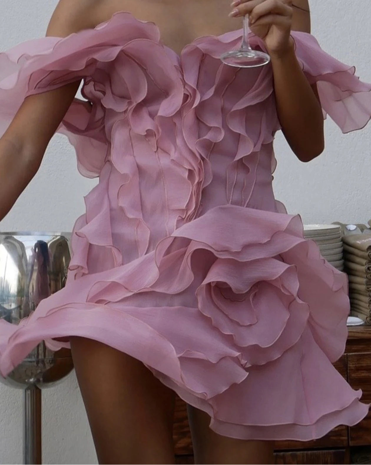 Ruffle Backless Mesh Prom Mini Dress