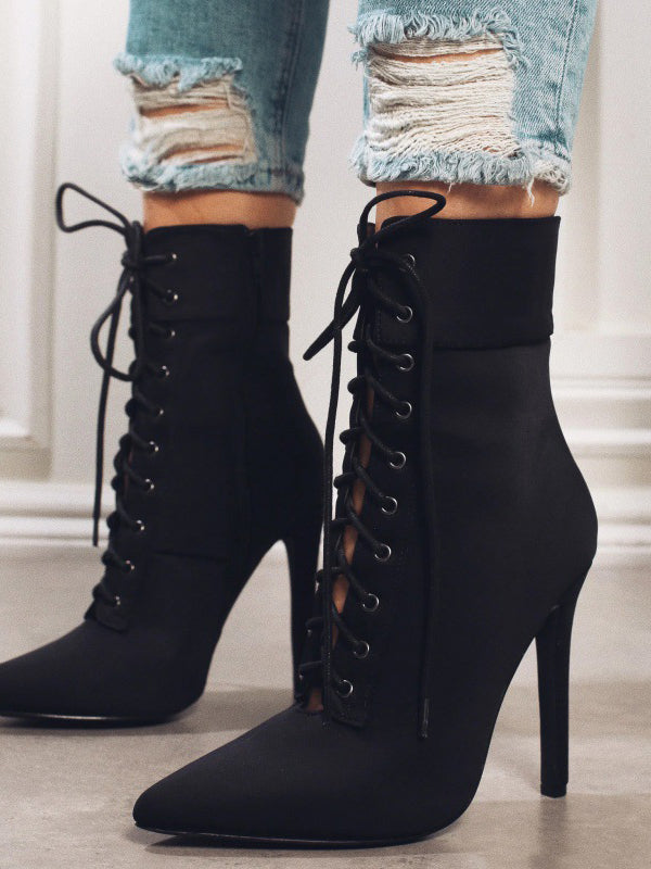 Hollow Pointed-Toe Solid Color Tied Zipper Stilettos Boots