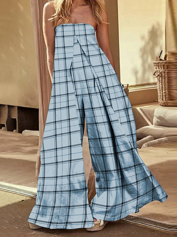 Loose Sleeveless Elasticity Plaid Split-Joint Tube Jumpsuits