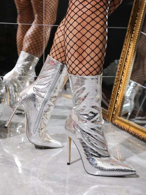 Crocodile Pattern Pointed-Toe Solid Color Zipper Stilettos Boots
