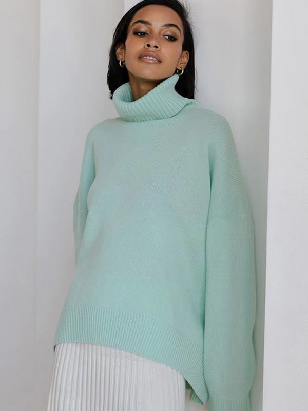 Casual Long Sleeves Loose Solid Color High-Neck Sweater Tops
