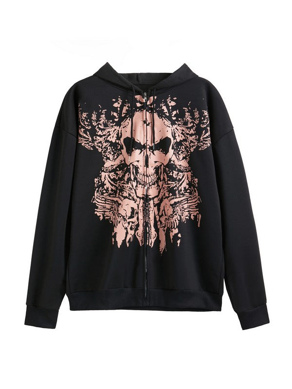 Black Vintage Skull Print Zip Up Oversized Hoodie