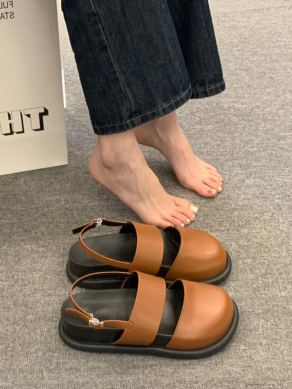 Belt Buckle Hollow Round-Toe Split-Joint Wedges & Flatform Sandals