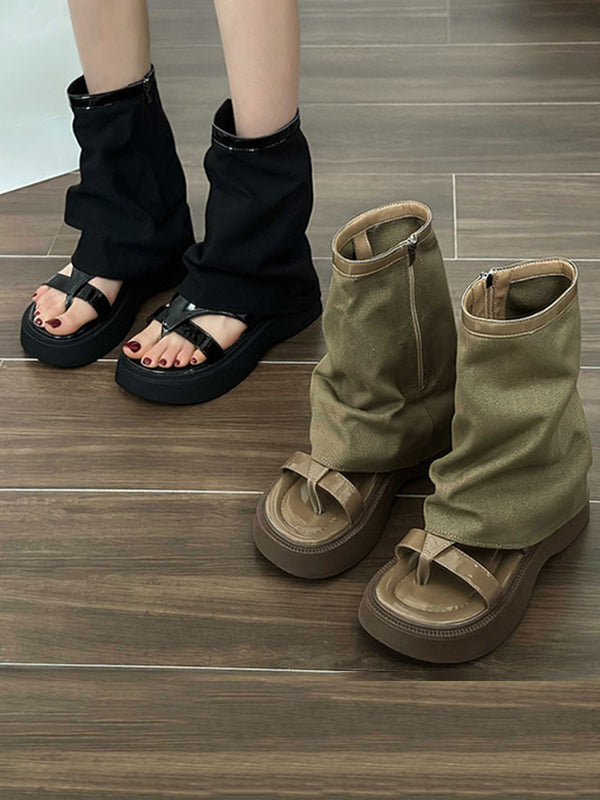Hollow Split-Joint Split-Toe Zipper Sandals Platform Shoes Boots