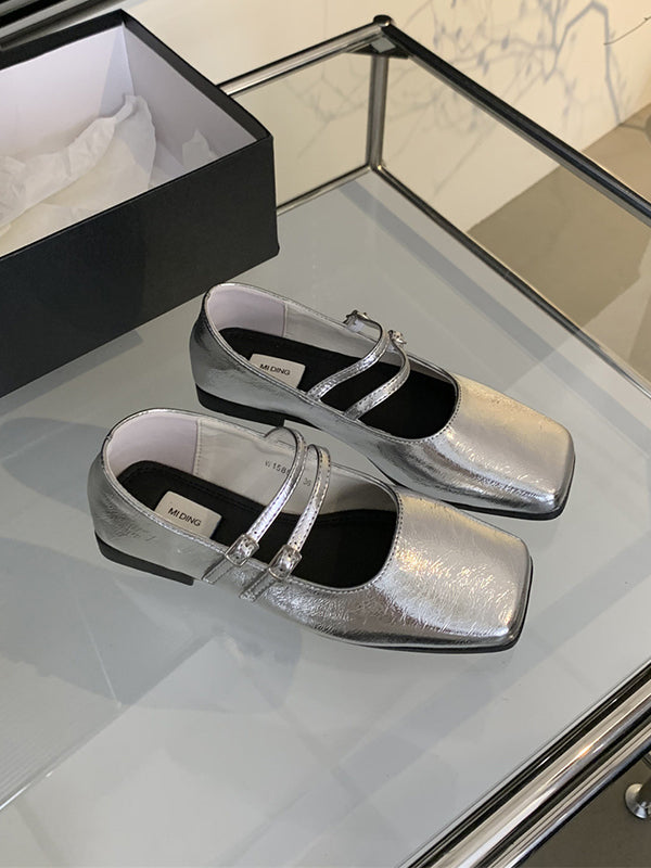 Belt Buckle Shallow Cut Split-Joint Square-Toe Mary Janes Flats