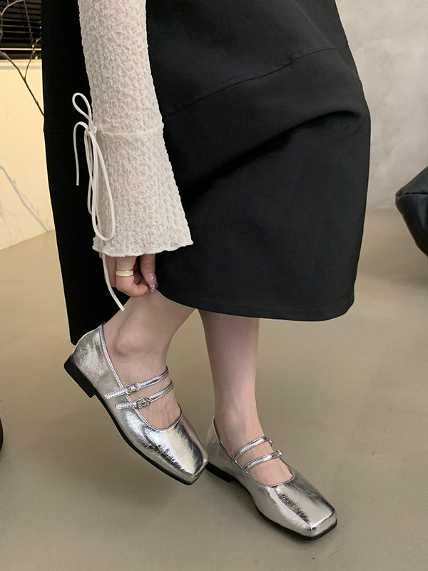 Belt Buckle Shallow Cut Split-Joint Square-Toe Mary Janes Flats