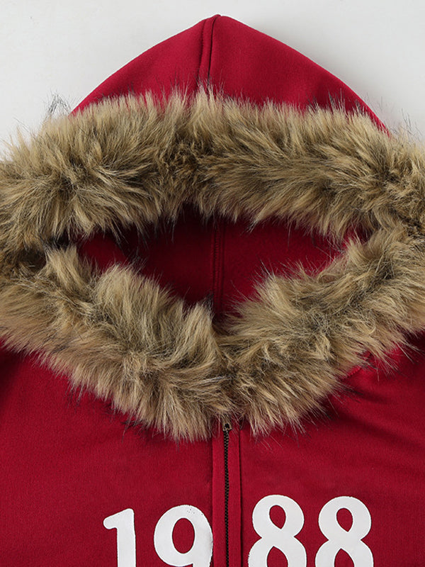 Red Vintage Digital Print Fur Oversized Hoodie