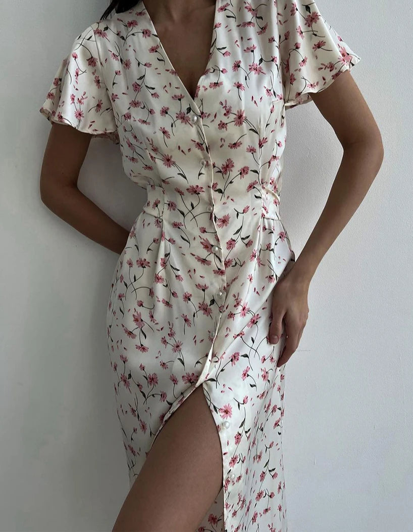 V-neck Short Sleeve Midi Floral Dress