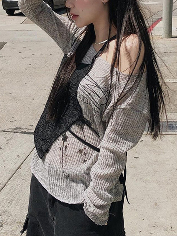 Gray Y2k Cat Off Shoulder Oversized Long Sleeves Tee